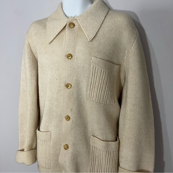 Vintage Lucano Beige Wool Mens Chunky Knit Cardigan Sweater XL Old Money Neutral - Picture 12 of 17